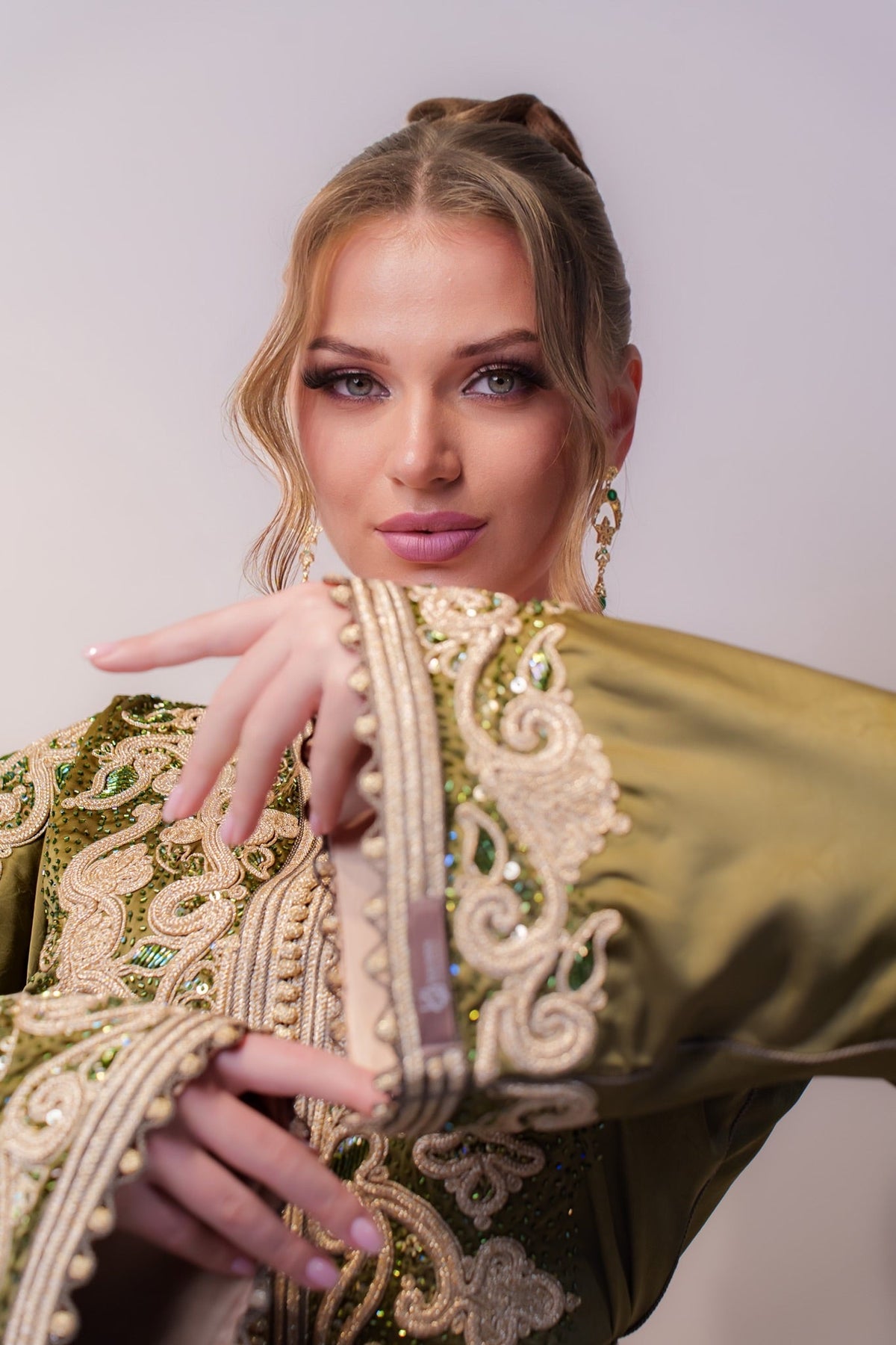 Shailene Olive green kaftan in drap de soie for a henna night