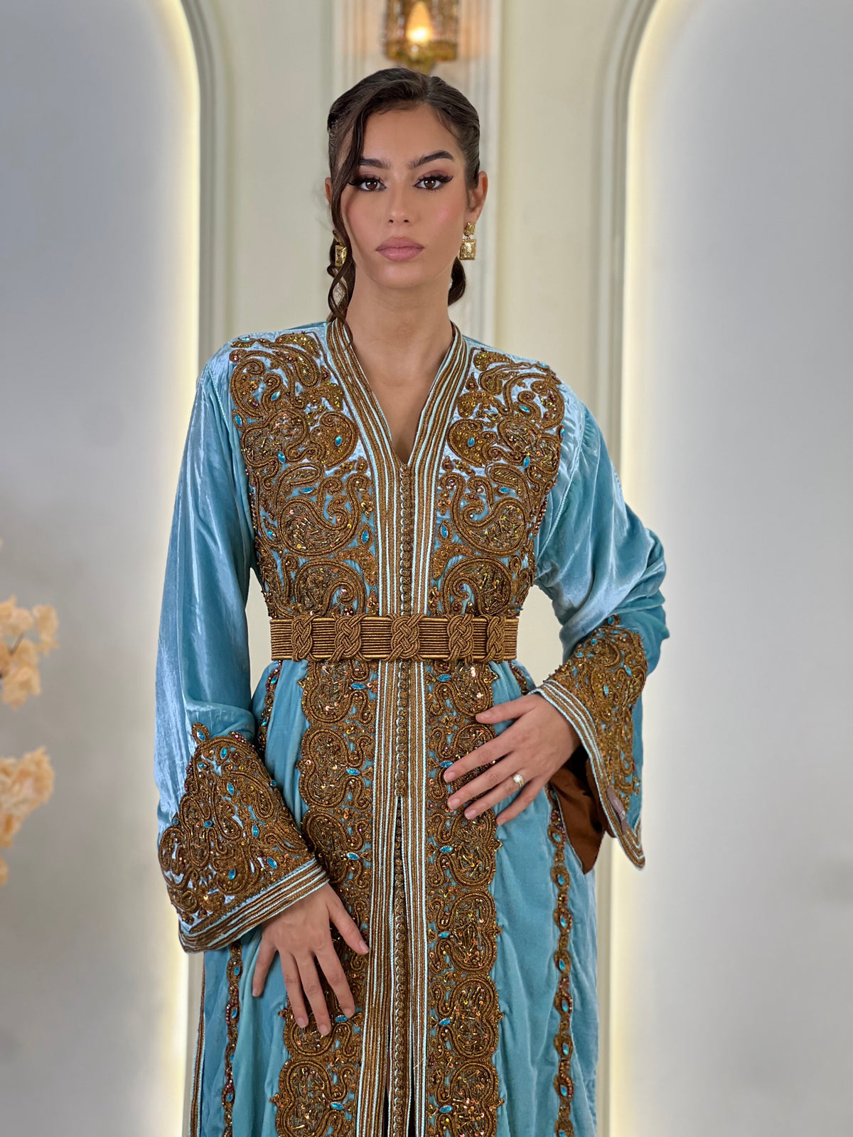 Perline Dusty Blue, blue Moroccan lebsa in velvet – view 4 | Kaftan Elegance