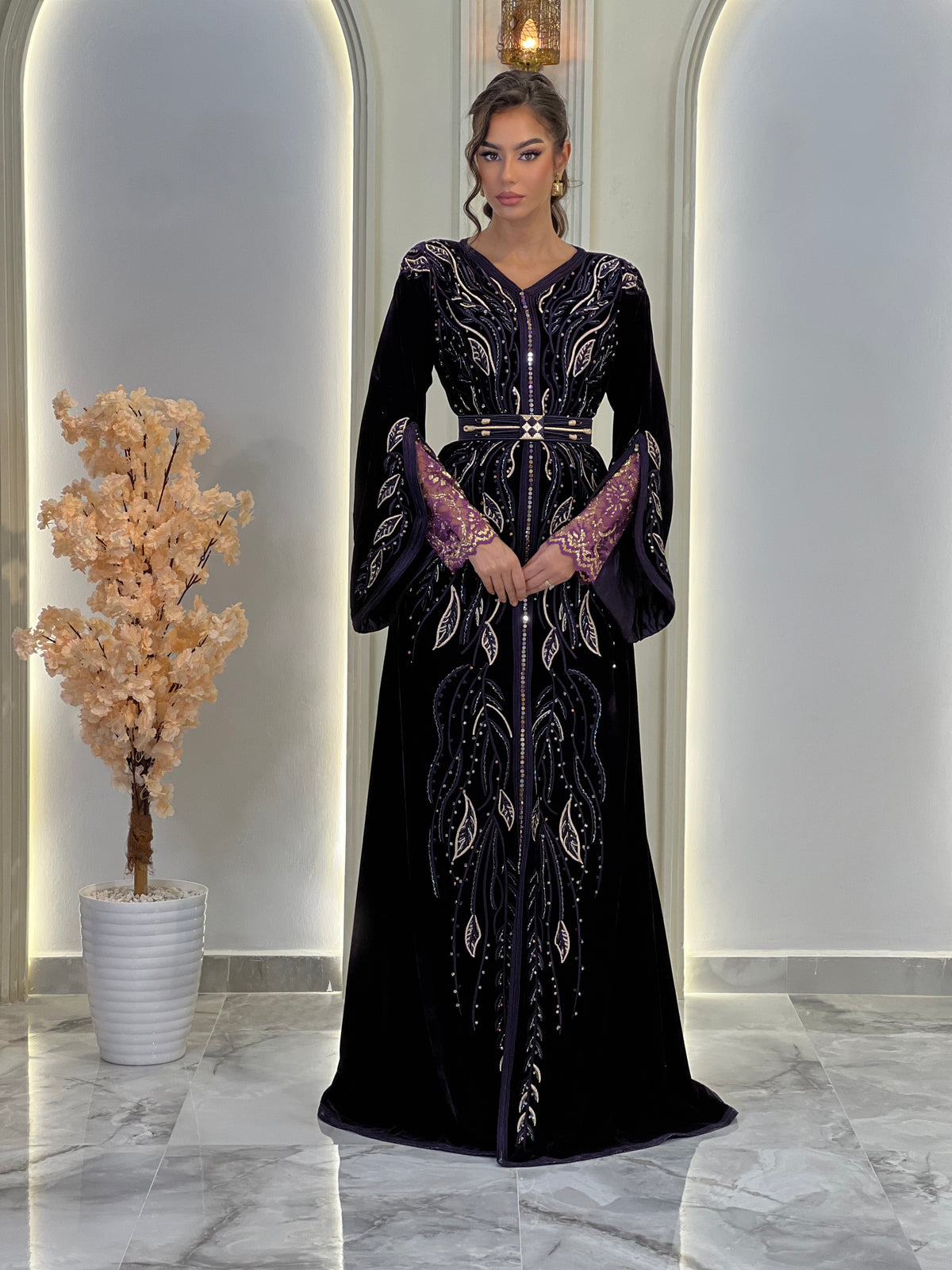 Laure Deep Royal Purple, purple Moroccan kaftan in brocade – view 6 | Kaftan Elegance