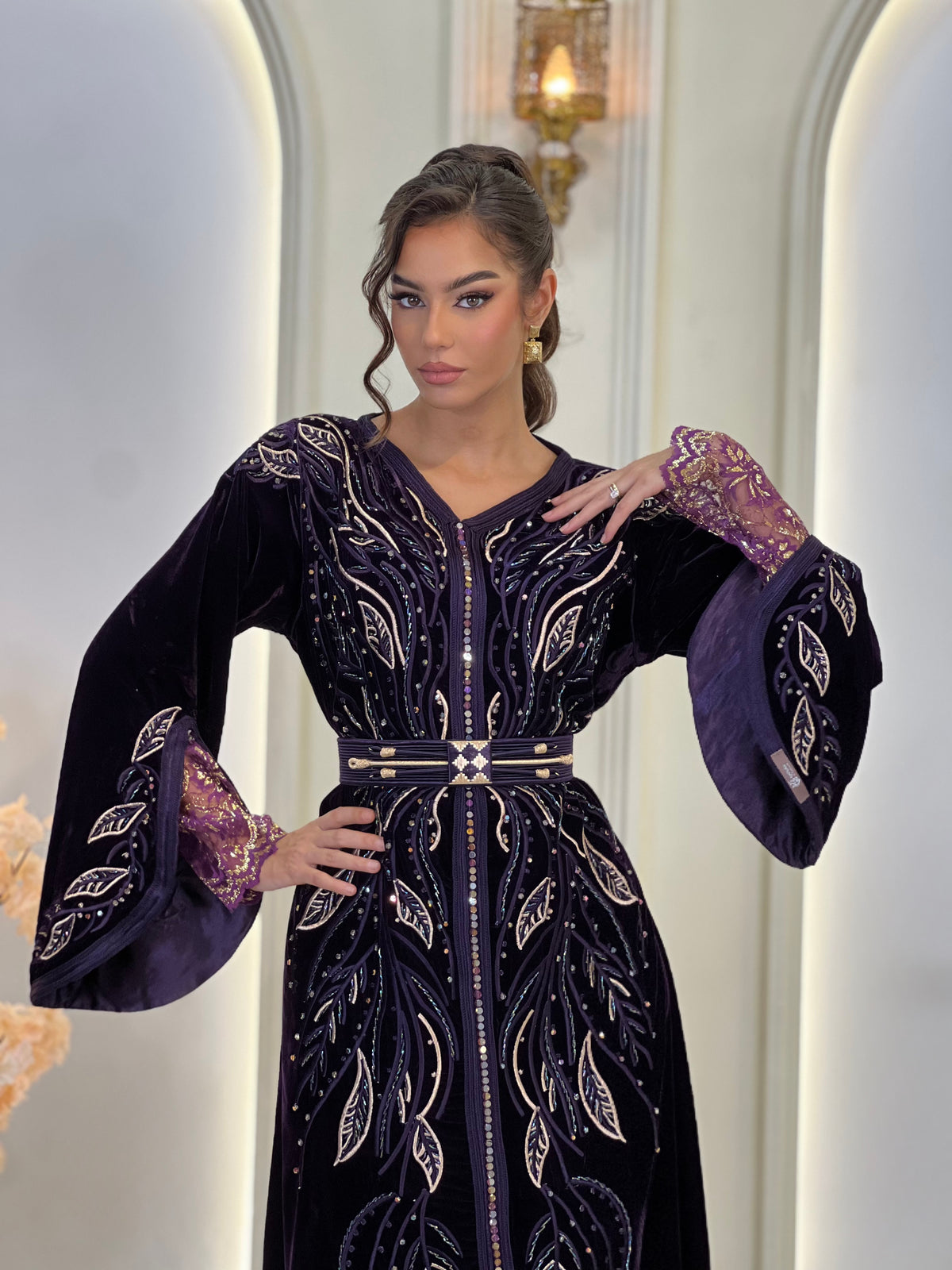 Laure Deep Royal Purple, purple Moroccan kaftan in brocade – view 4 | Kaftan Elegance