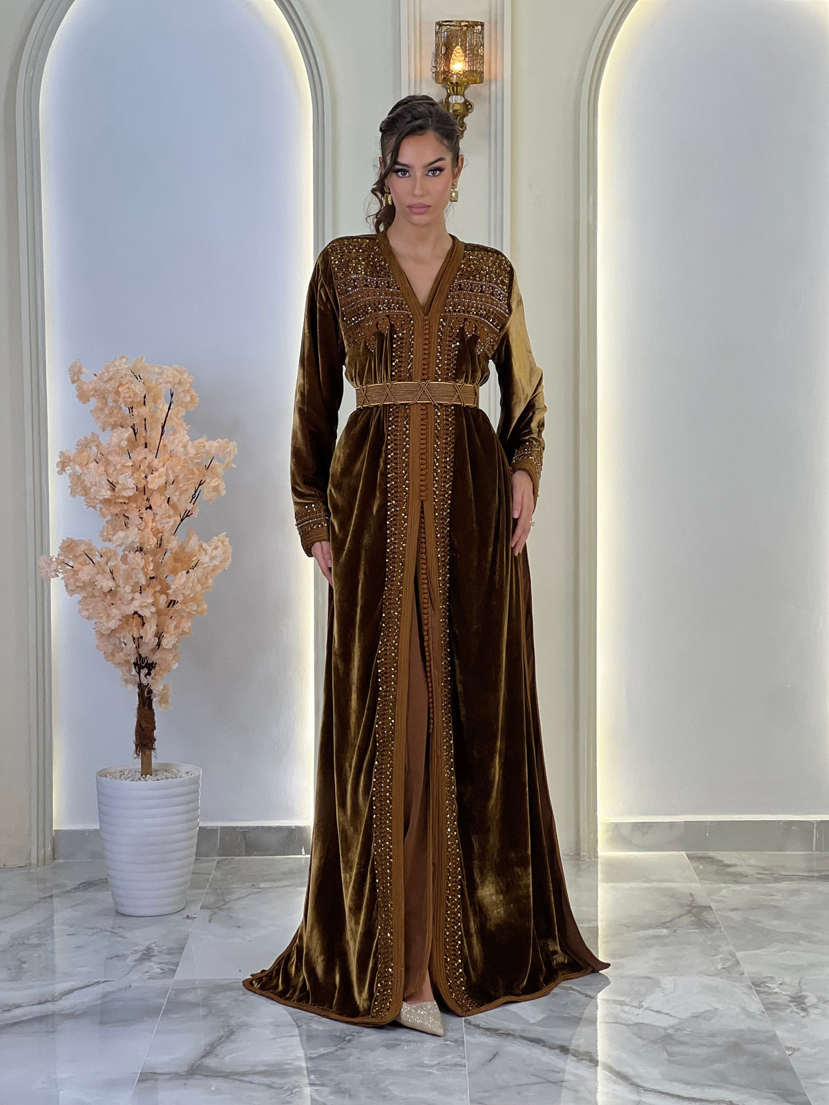 Orlissa Brown, brown Moroccan lebsa in velvet – view 7 | Kaftan Elegance