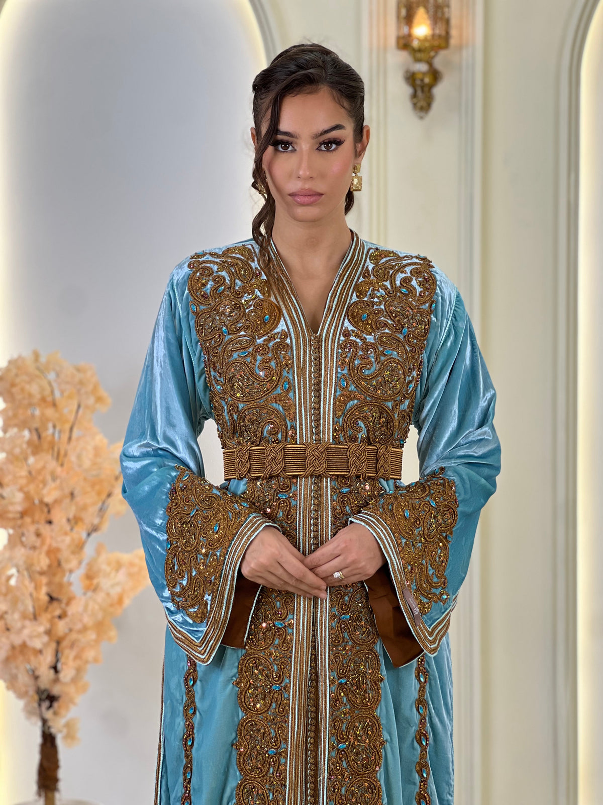 Perline Dusty Blue, blue Moroccan lebsa in velvet – view 6 | Kaftan Elegance