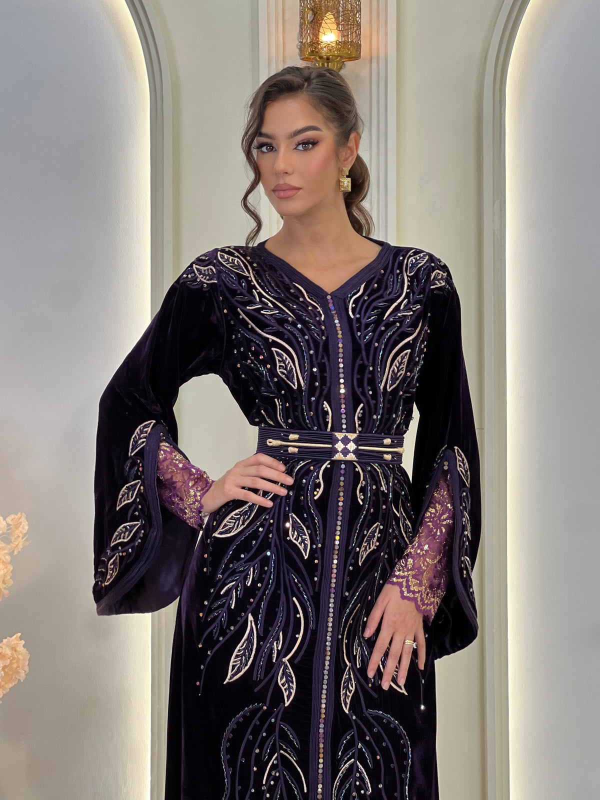 Laure Deep Royal Purple, purple Moroccan kaftan in brocade – view 7 | Kaftan Elegance