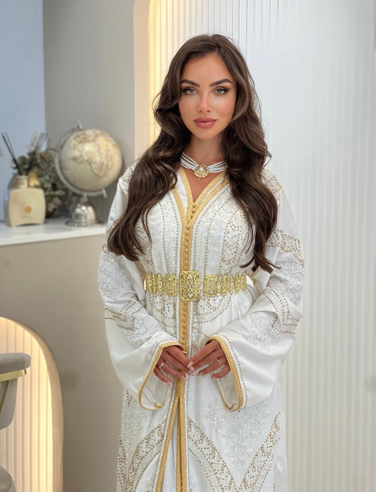 Exclusive Takchita Adila, a white two-layer Moroccan takchita with matching belt
