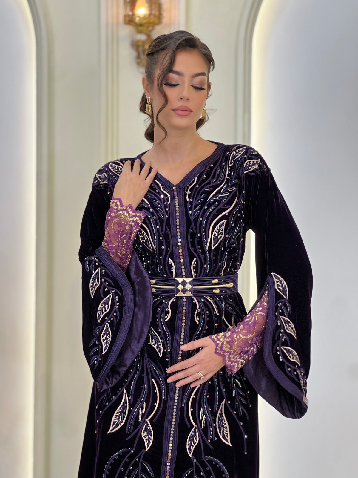 Laure Deep Royal Purple, purple Moroccan kaftan in brocade – view 2 | Kaftan Elegance