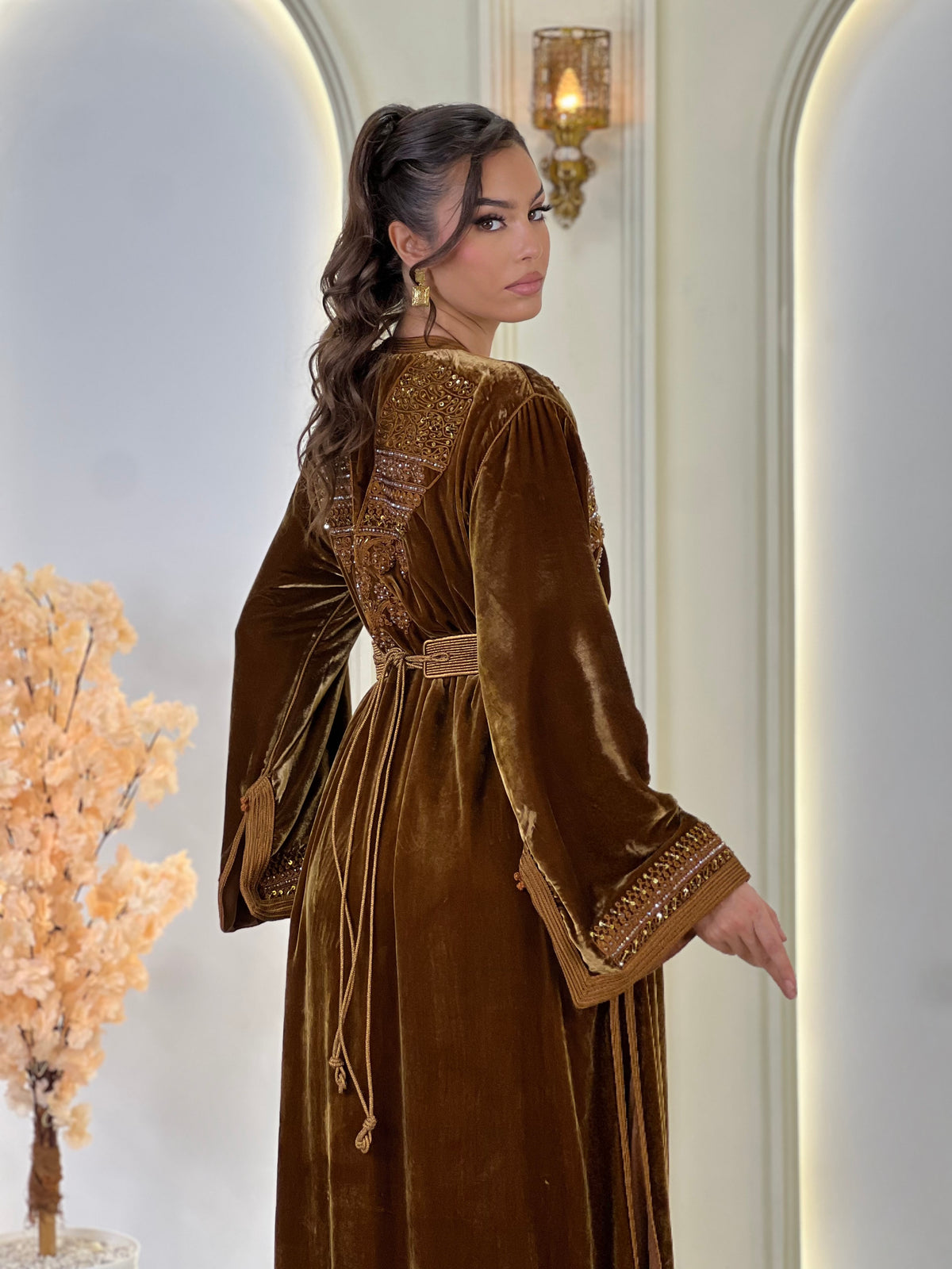 Orlissa Brown, brown Moroccan lebsa in velvet – view 2 | Kaftan Elegance