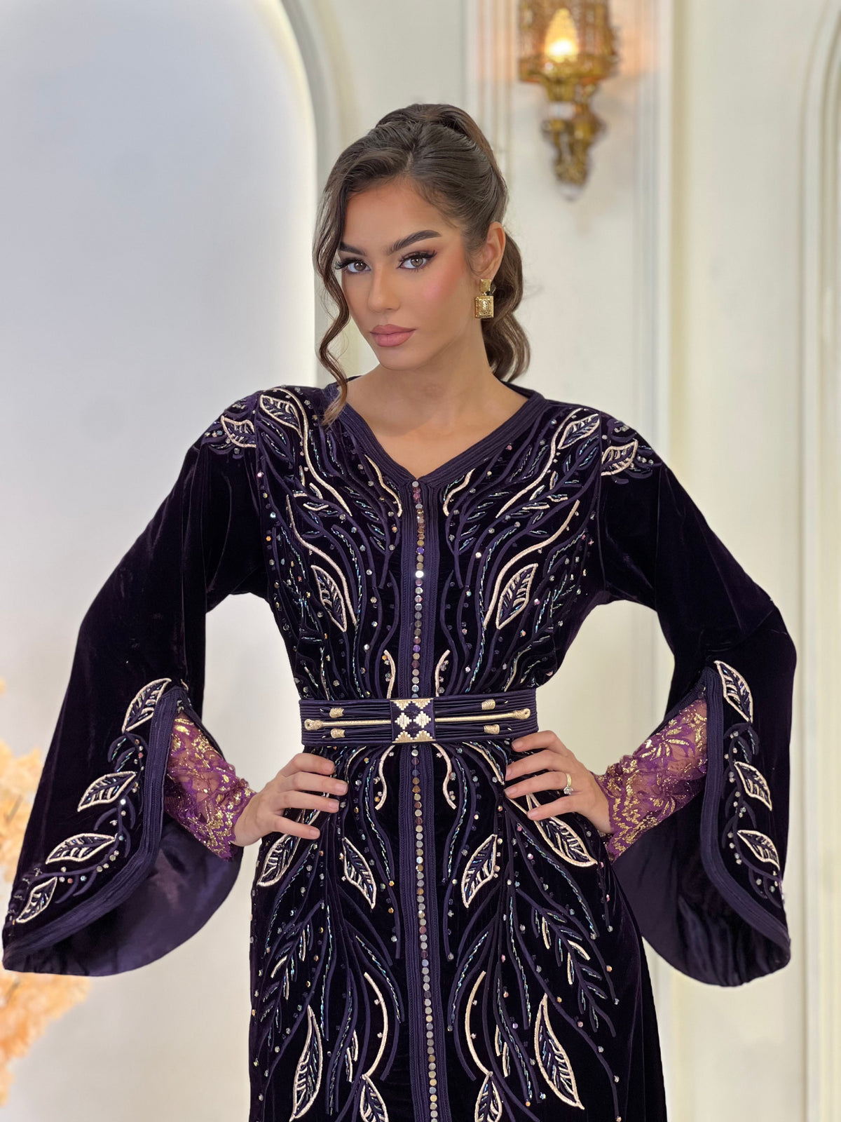 Laure Deep Royal Purple, purple Moroccan kaftan in brocade | Kaftan Elegance