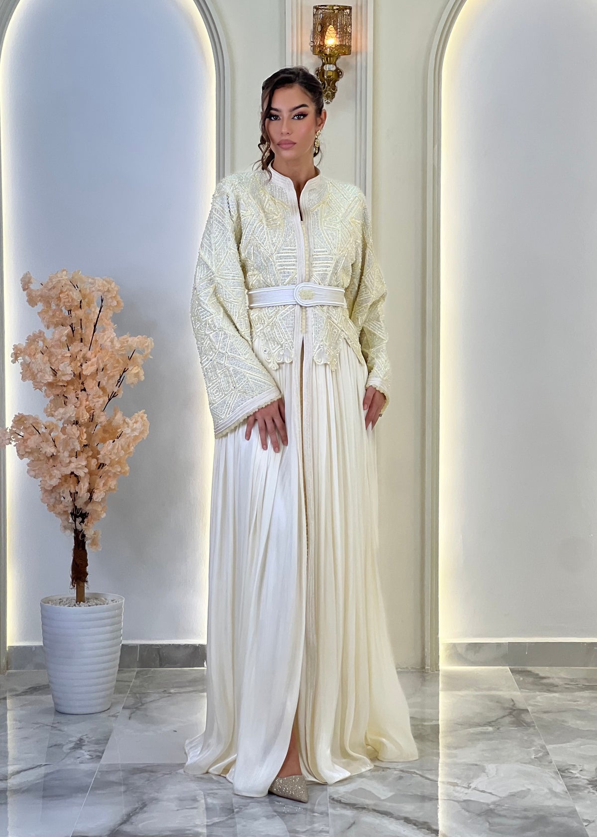 Inna Cream, Moroccan lebsa in organza – view 8 | Kaftan Elegance
