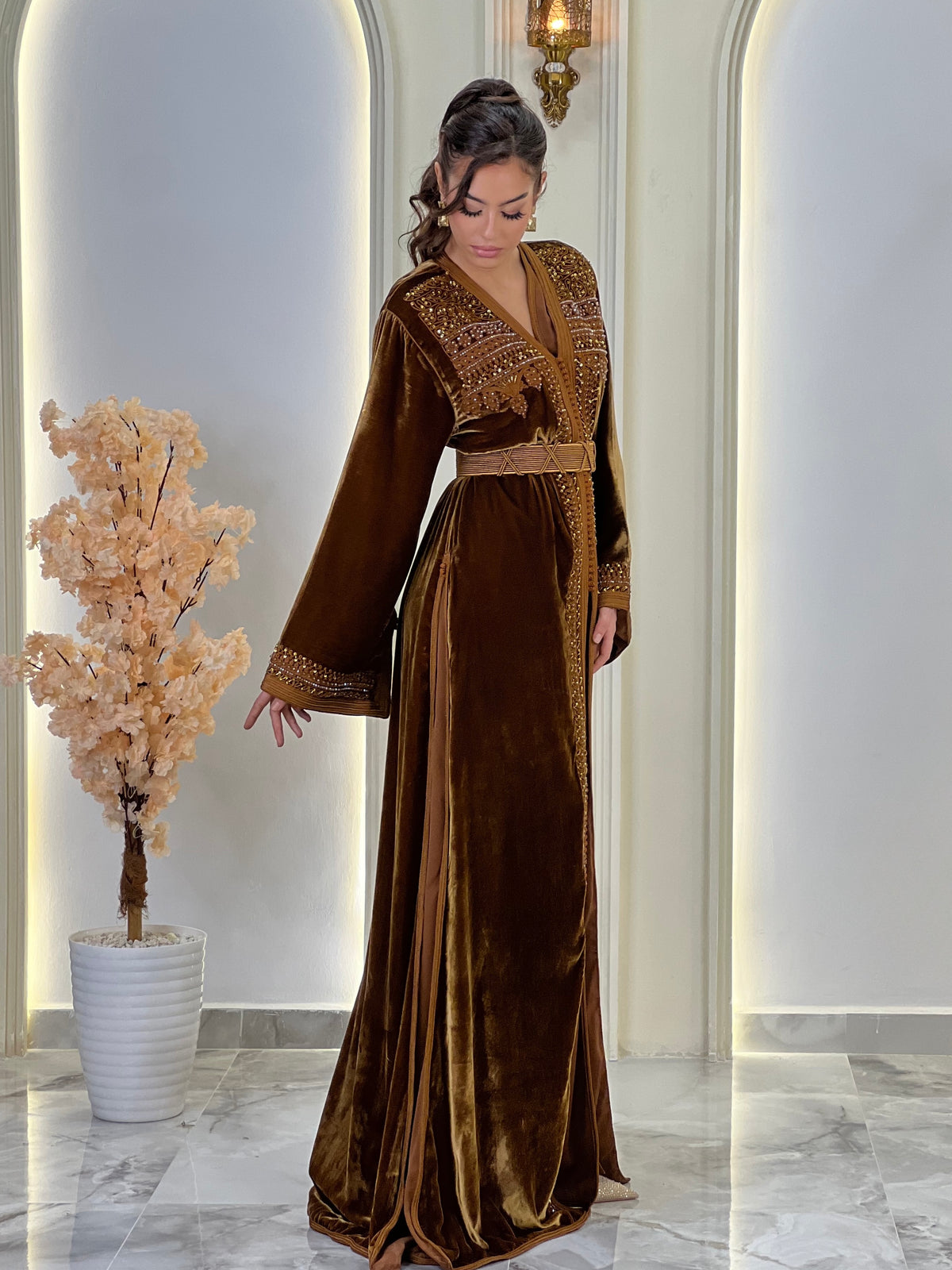 Orlissa Brown, brown Moroccan lebsa in velvet – view 9 | Kaftan Elegance