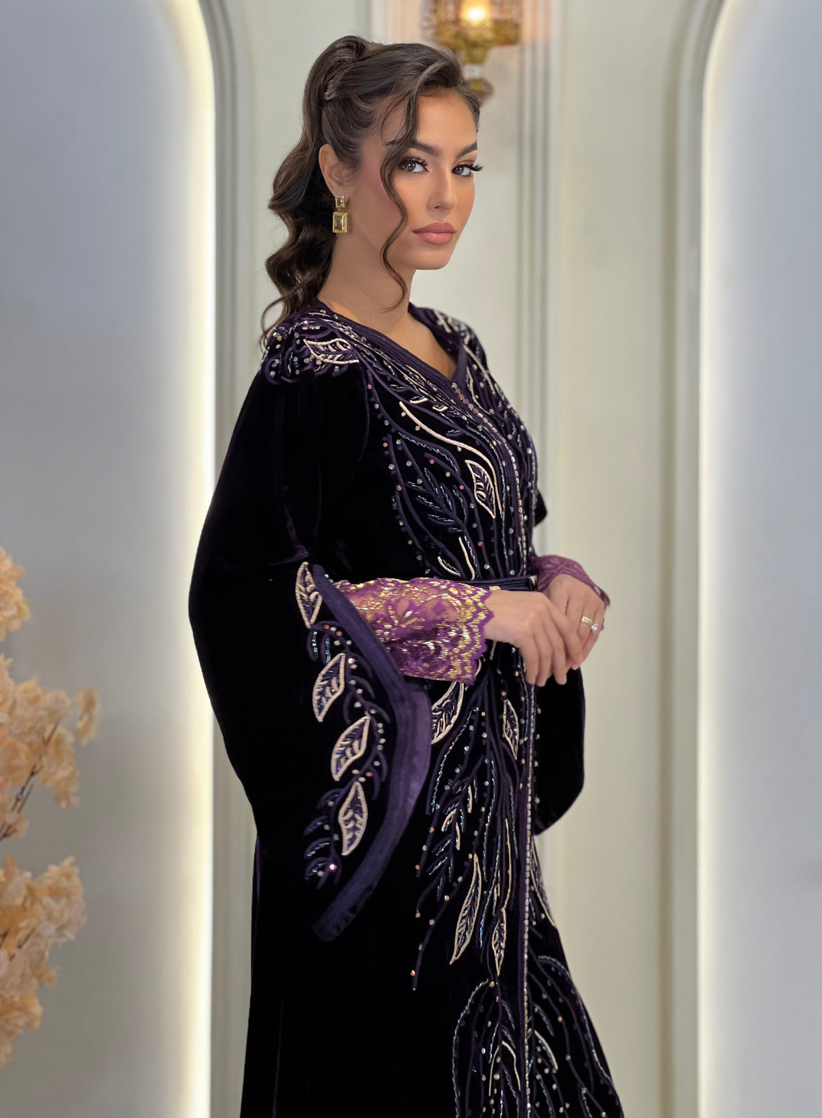 Laure Deep Royal Purple, purple Moroccan kaftan in brocade – view 9 | Kaftan Elegance