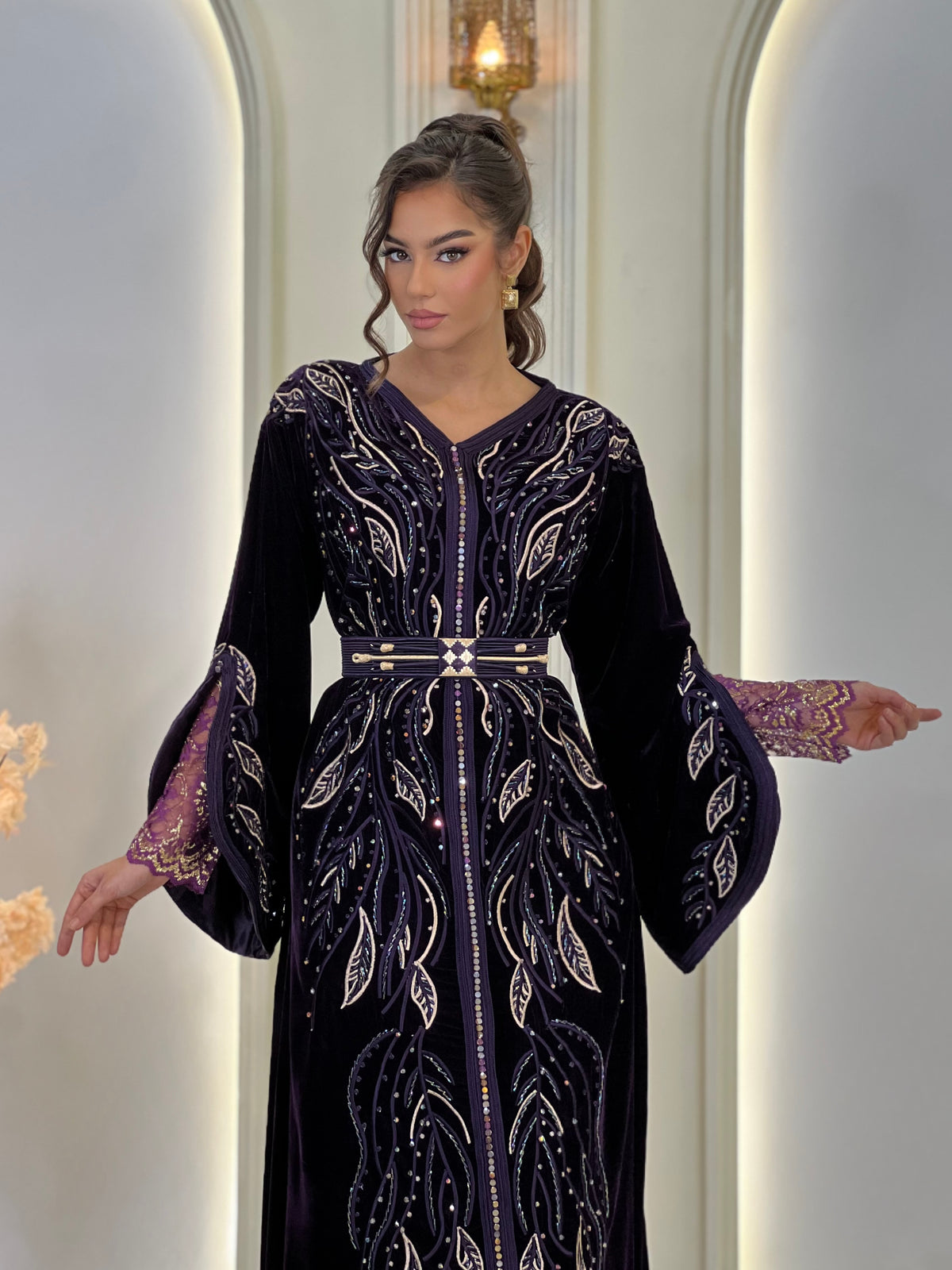 Laure Deep Royal Purple, purple Moroccan kaftan in brocade – view 8 | Kaftan Elegance