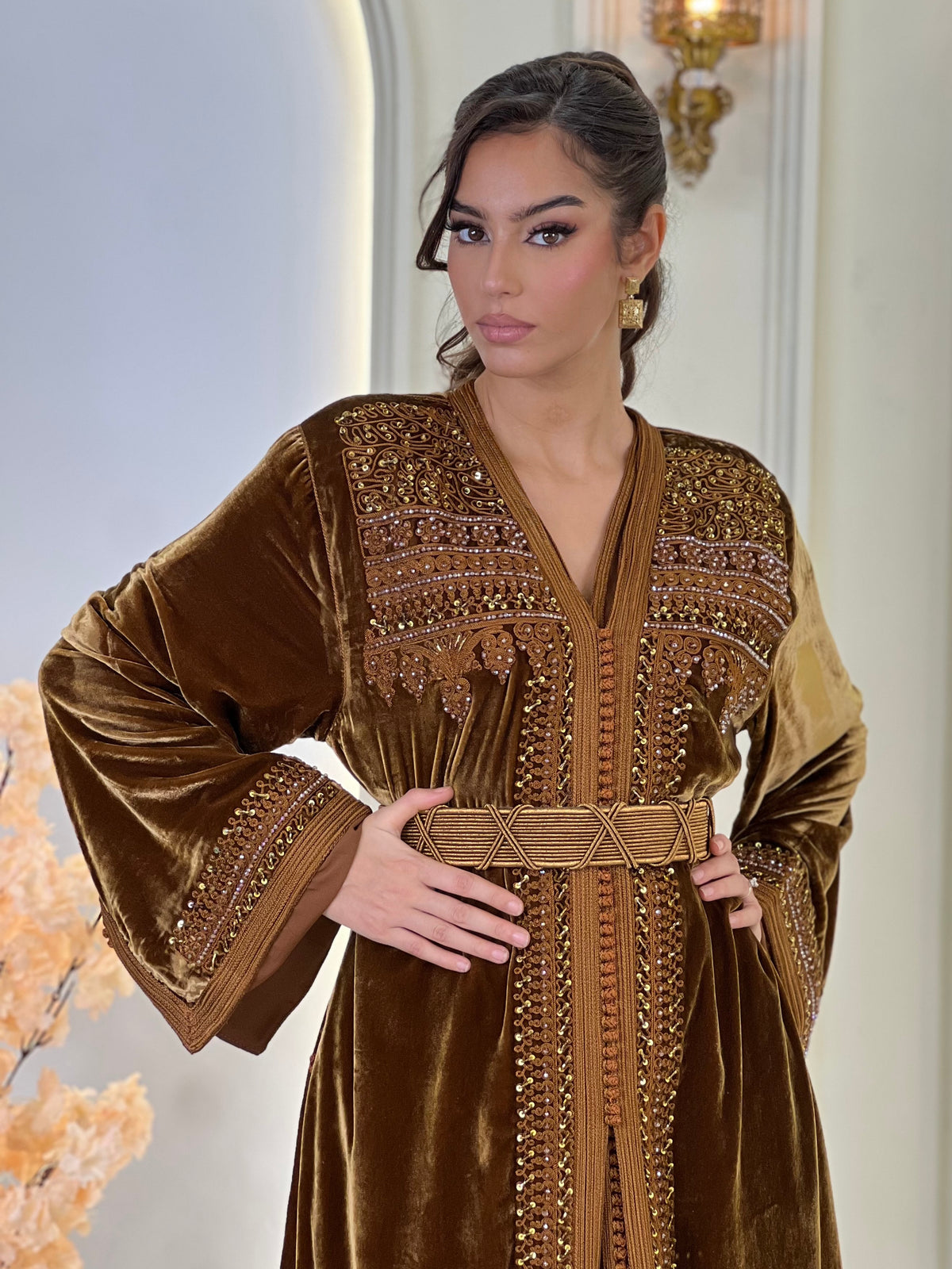 Orlissa Brown, brown Moroccan lebsa in velvet | Kaftan Elegance