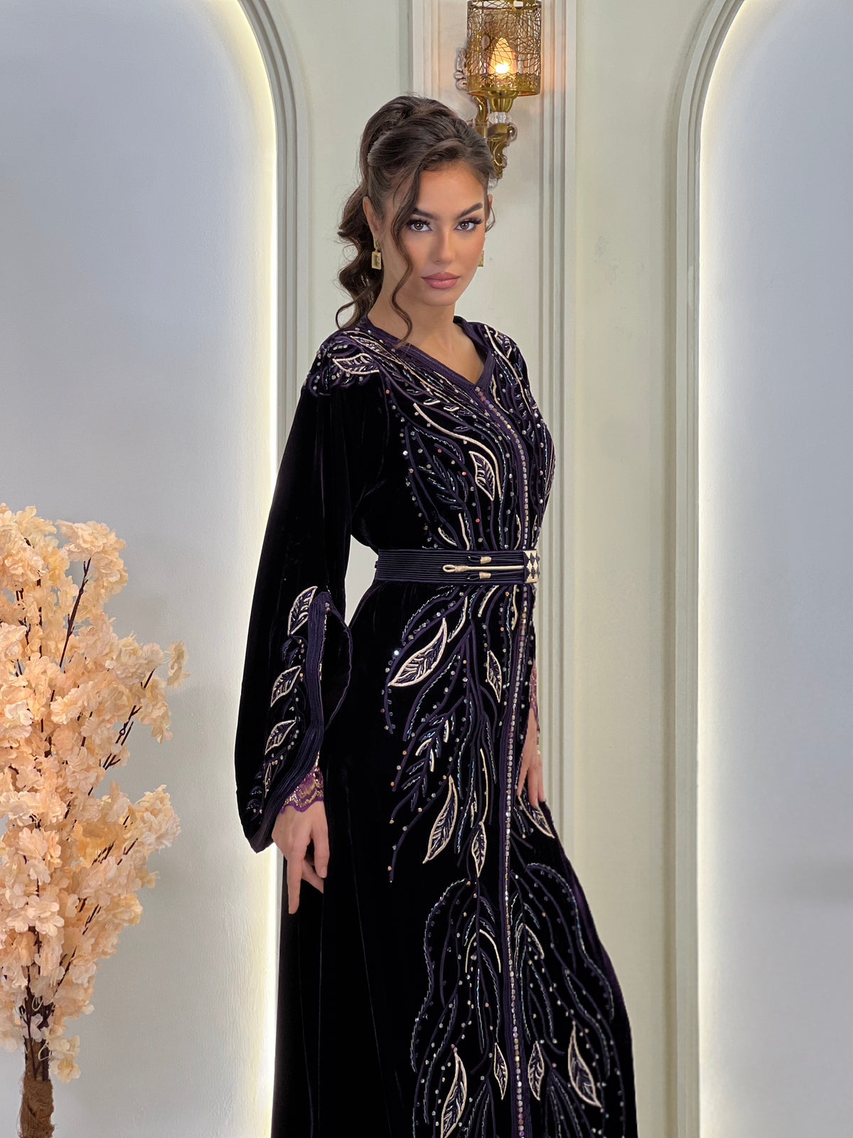 Laure Deep Royal Purple, purple Moroccan kaftan in brocade – view 5 | Kaftan Elegance
