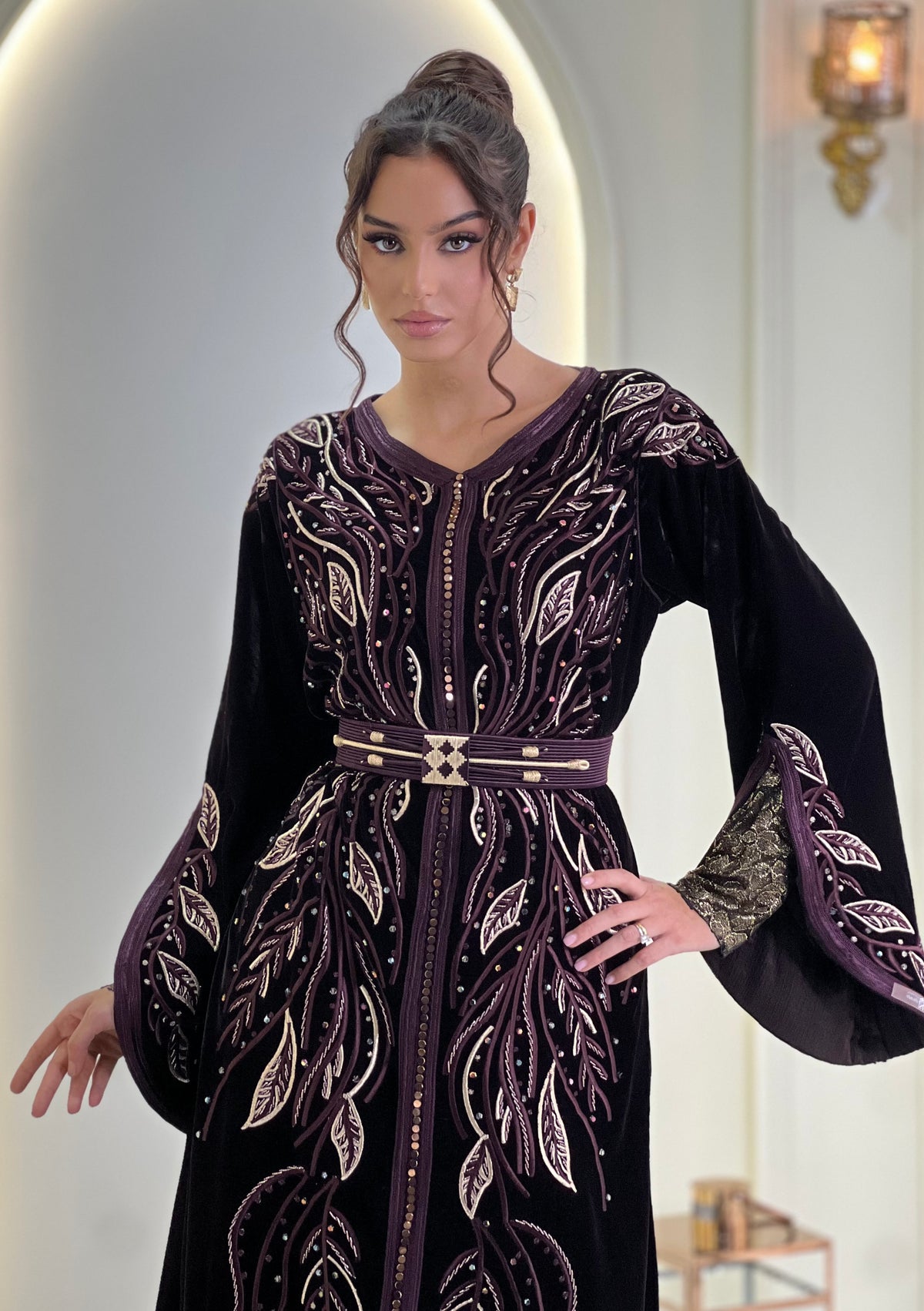 Laure Midnight Plum, purple Moroccan kaftan in brocade | Kaftan Elegance