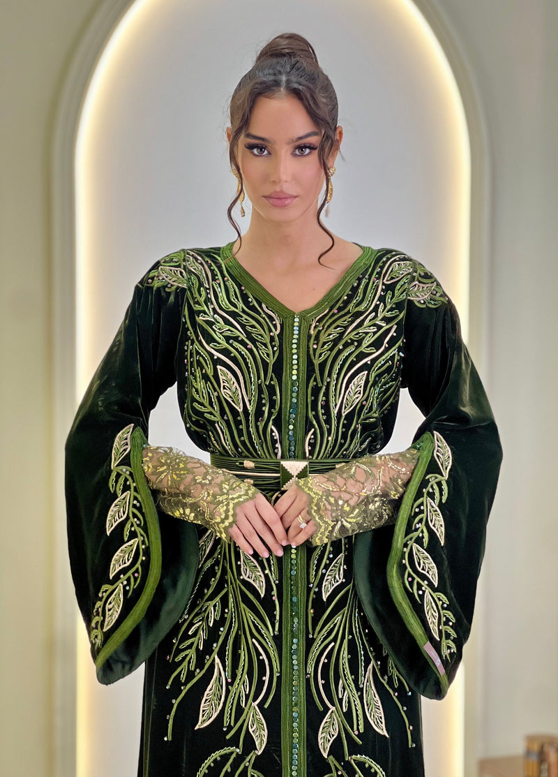 Laure Emerald Green, green Moroccan kaftan in brocade | Kaftan Elegance