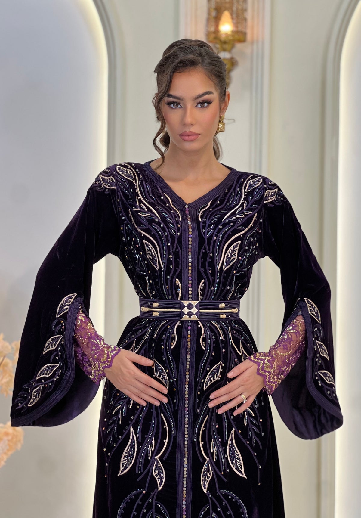 Laure Deep Royal Purple, purple Moroccan kaftan in brocade – view 3 | Kaftan Elegance