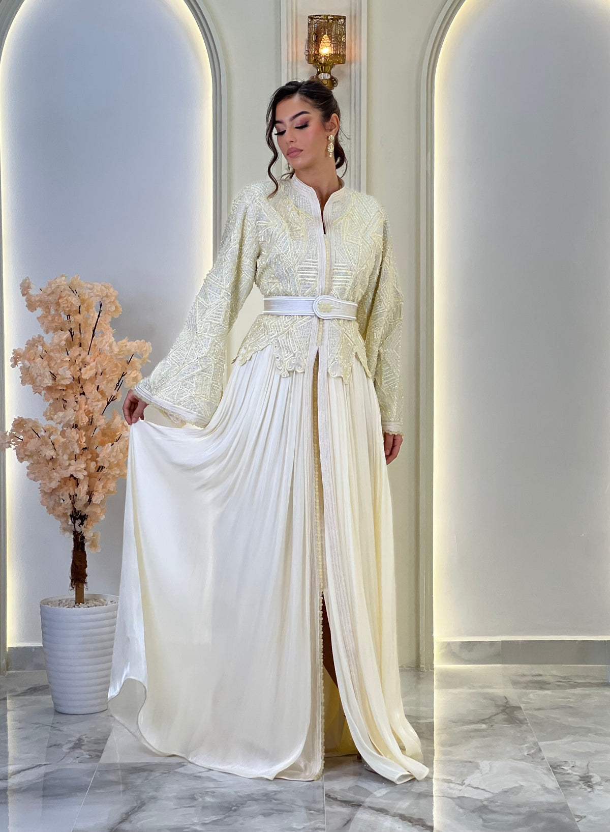 Inna Cream, Moroccan lebsa in organza – view 4 | Kaftan Elegance